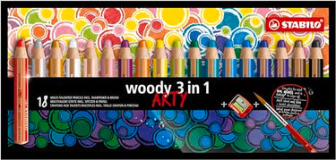 STABILO colored pencil, watercolor & wax crayon woody 3 in 1 - ARTY - 18-pack with sharpener and brush - with 18 different colors on sale